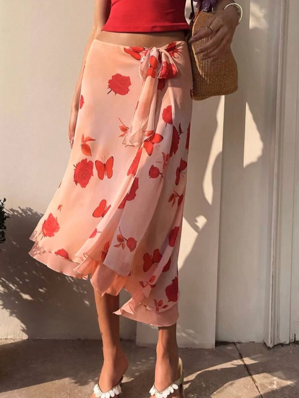 Pink Boho Women's Floral Butterfly Ruffle Tie Bow Chiffon Skirt